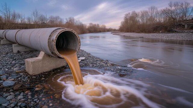Industrial waste pipe discharging effluent into a flowing river under 