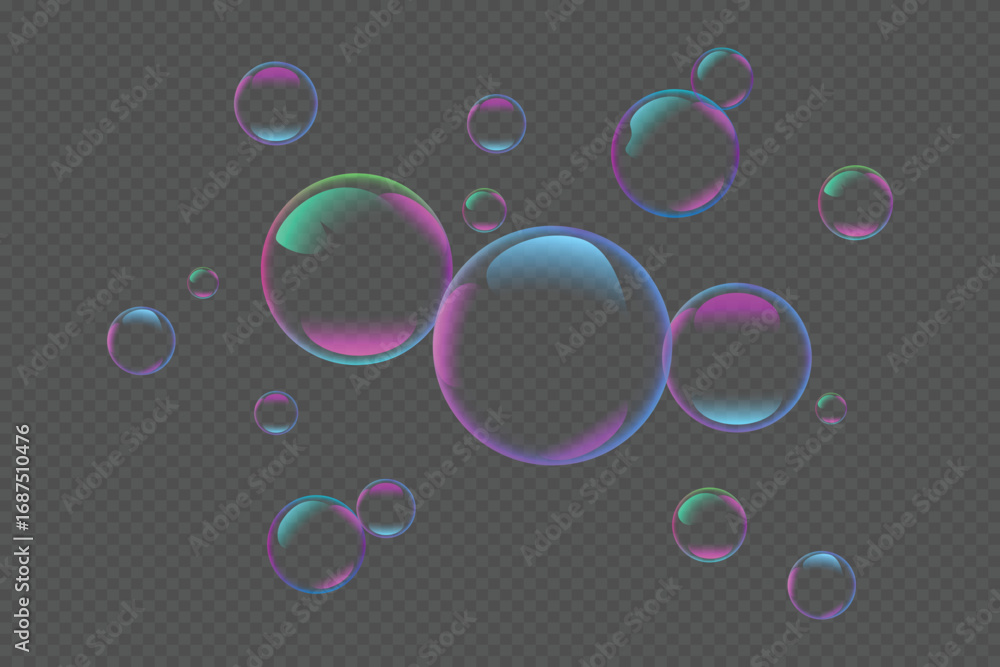 Poster 3d realistic soap water bubbles vector illustration transparent background colorful rainbow reflecti