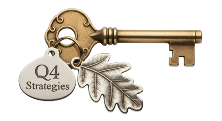 Q4 Strategies on a silver tag attached to an antique golden key with an oak leaf charm, symbolizing business solutions and year-end planning, isolated on white & transparent background.