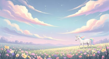 Unicorn in a magical flower field. Dreamy pastel landscape with a white unicorn and colorful flowers. Fantasy fairytale concept for imagination.