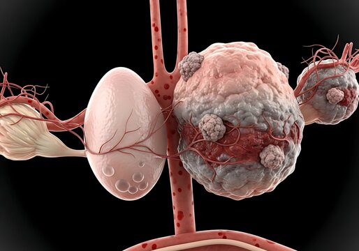 Medical Illustration of Malignant Tumor Growth on Endocrine Gland or Ovary Showing Cancer Cells and Vascular Connection for Oncology and Health Education
