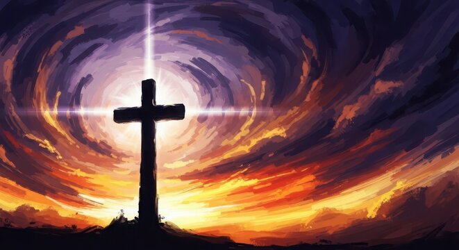 Silhouette of a christian cross against a vibrant swirling sky with dramatic lighting and celestial effects conveying hope and faith - Powered by Adobe