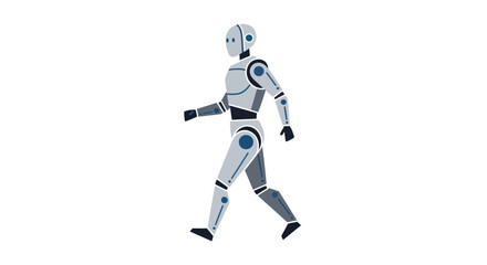 Walking humanoid robot with white and gray metallic finish, featuring a sleek, modern design.