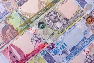 Bahrain paper money, dinar banknotes as currency for exchange or travel. Bahraini money