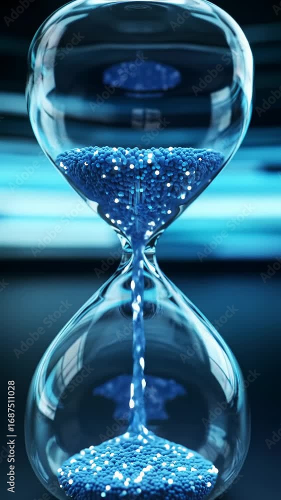 Poster sleek transparent hourglass with blue and white digital particles flowing precisely, centered in a h