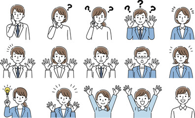 Cartoon people expressions, emotional reactions, hand gestures, communication icons, character emotions set, facial expressions pack, cad drawing flat vector illustration