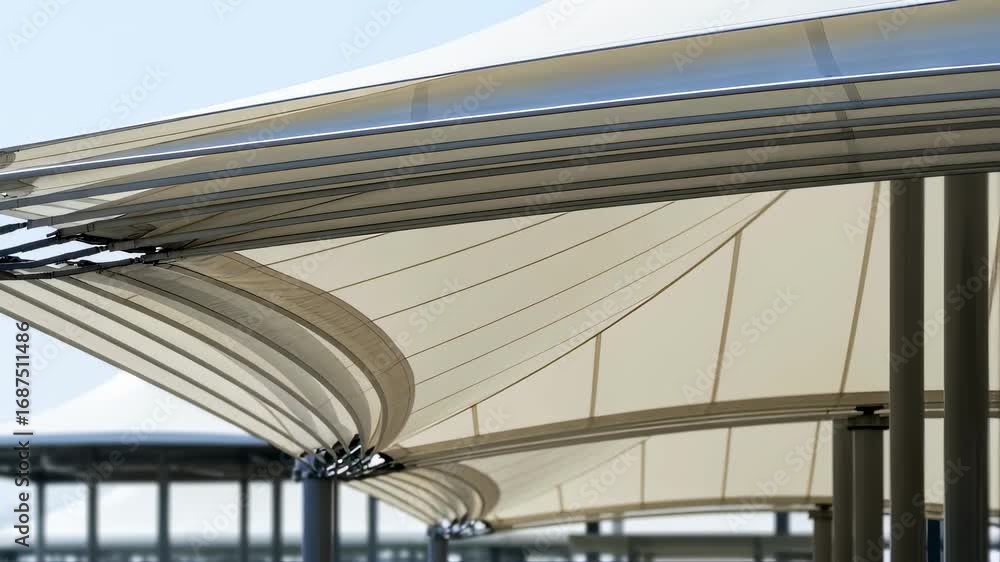 Poster side view of the membrane roof partially deployed capturing layered textures of translucent fabric a
