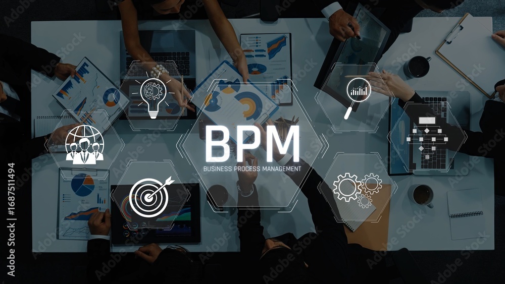 Poster a busy meeting scene showcasing teamwork in business process management, featuring individuals analy