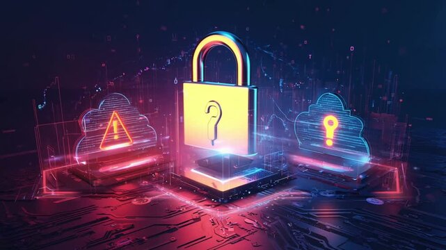 A multi layered hologram metallic circuit board, first layer is a glowing lock icon financial graphs cryptocurrency icons cloud private storage grid particles encrypted data VPN barrier