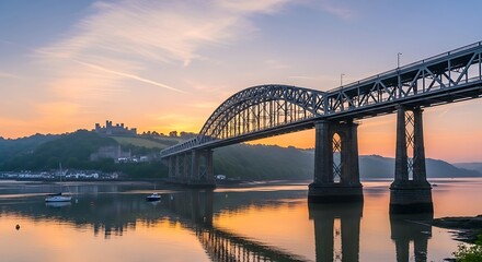 Fototapeta premium Sunrise Bridge River Castle Panorama.