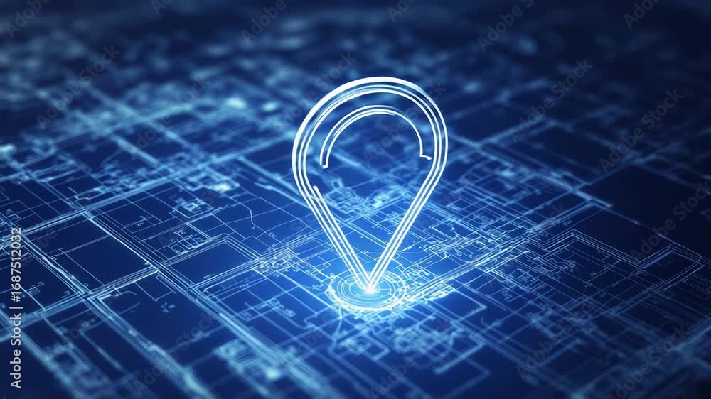 Poster location pin showing global positioning system on futuristic circuit board