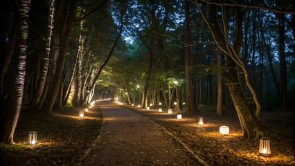 A path through a dark forest illuminated by lanterns creating a magical and enchanting atmosphere