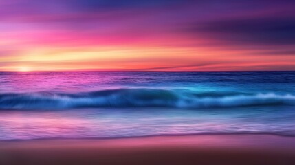 Fototapeta premium Ocean waves rolling onto the beach at sunset, with vibrant pink, purple, and orange hues in the sky.