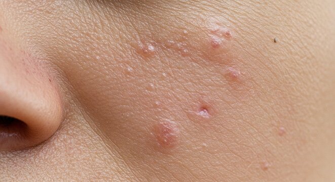 Closeup shows skin irritation with tiny bumpsblisters on the cheek near a nose