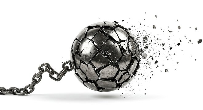 Cracked metal ball attached to a chain with debris fragments scattering