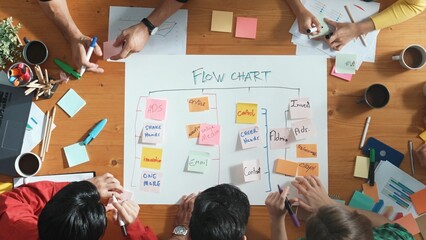 Top down aerial view of professional business people hands making scrum task board to manage workflow in workplace. Diverse marketing team writing and working together at meeting room. Convocation.