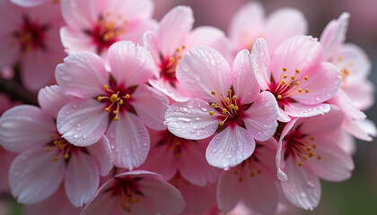 Fototapeta premium Close-up of delicate pink cherry blossoms with water droplets
