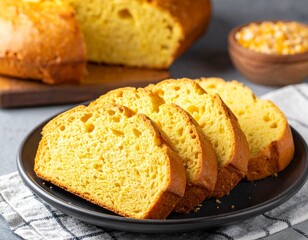 Bright photo of a sliced corn bread loaf (pão de milho) served on a ceramic plate with natural daylight. Perfect for bakery campaigns, breakfast themes, and culinary visuals.
