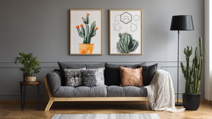 paintings of cactus and hexagons hanging over a cozy sofa with many pillows standing next to a black lamp in living room interior no logos no brands ar 169