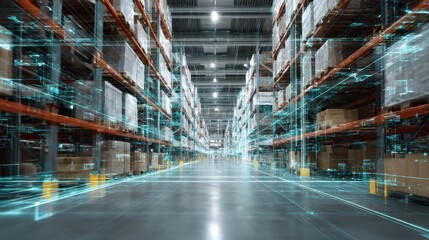 technologydriven warehouse with digital overlay representing ecommerce and logistics