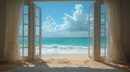 Fototapeta premium Open doors reveal a beautiful beach scene with turquoise water, white waves, and a sunny sky with fluffy clouds.