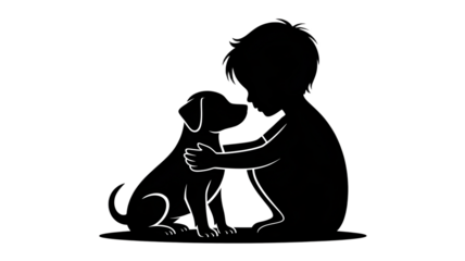 Silhouette of a child embracing their dog in a loving and tender moment