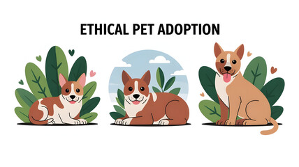 Three cute dogs promoting ethical pet adoption with foliage and heart accents