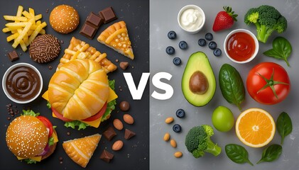 Dieting done right: flatlay photo of unhealthy and junk food vs healthy food