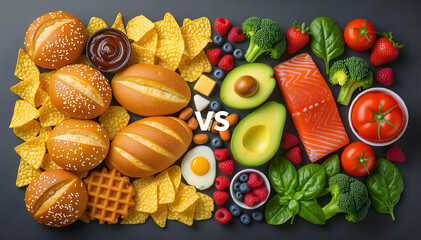 Top down photo of unhealthy and junk food vs healthy food