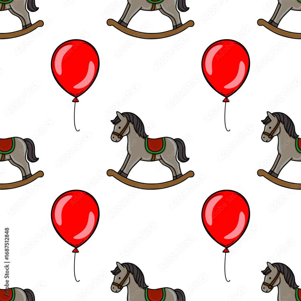 Poster seamless vector pattern featuring a playful arrangement of rocking horses and red balloons, creating