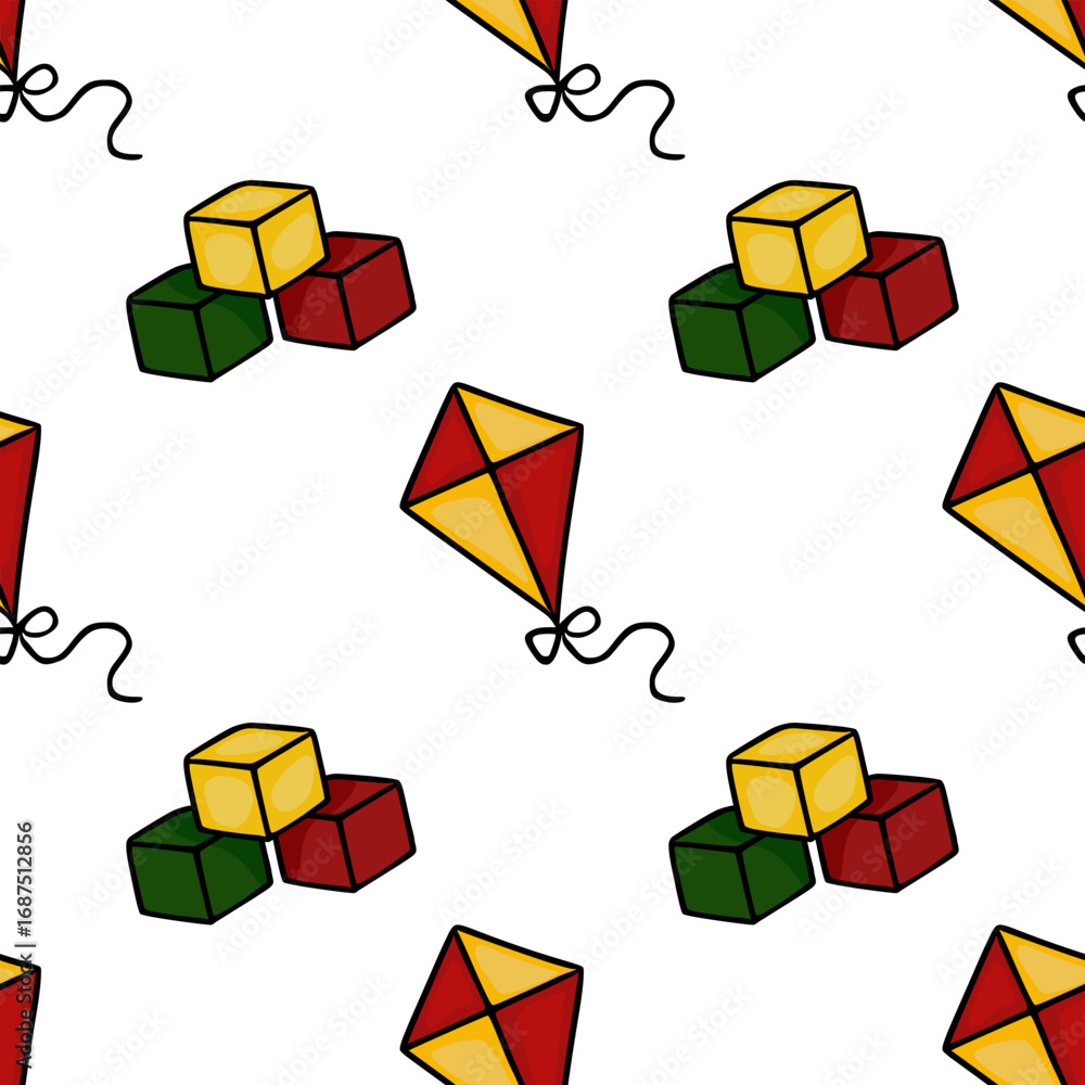 Poster seamless vector pattern featuring playful kites and colorful building blocks in a vibrant red, yello