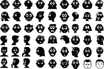Black Curious Face Silhouette Icon Vector Set Curious Expression Face Icon Black Silhouette Design