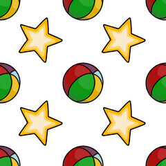 Seamless vector pattern featuring playful multicolored balls and bright yellow stars, ideal for childrens textile, wrapping paper, or vibrant background designs.