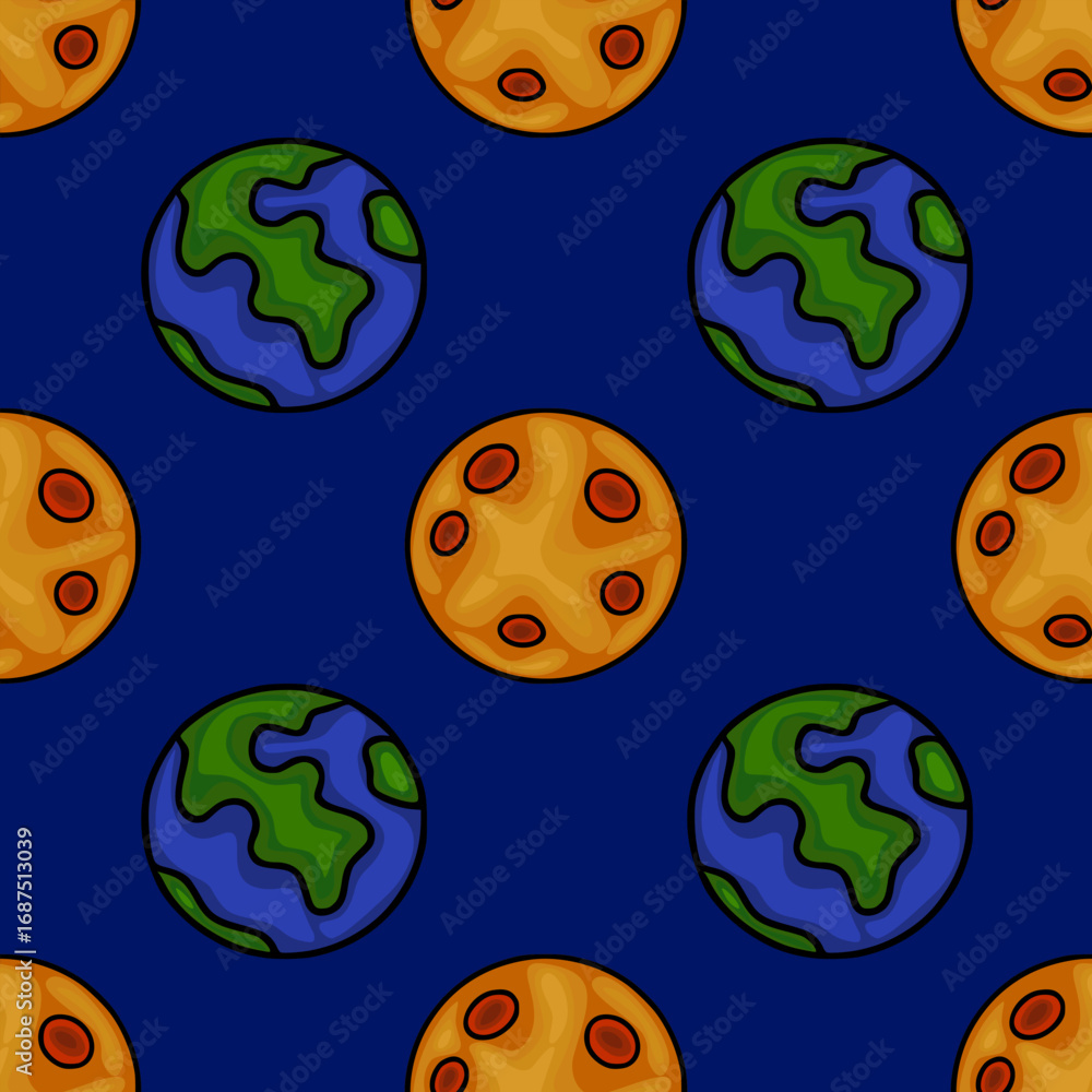Poster seamless vector pattern featuring stylized earth and moon illustrations in a vibrant color palette, 
