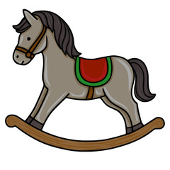 Charming vector illustration of a classic rocking horse toy, featuring a grey body, dark mane and tail, and a red and green saddle, perfect for childrens books, nursery decor, or playful designs.