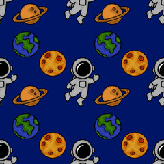 Seamless vector pattern featuring playful cartoon astronauts floating amidst planets, moons, and rings, set against a deep blue cosmic backdrop.