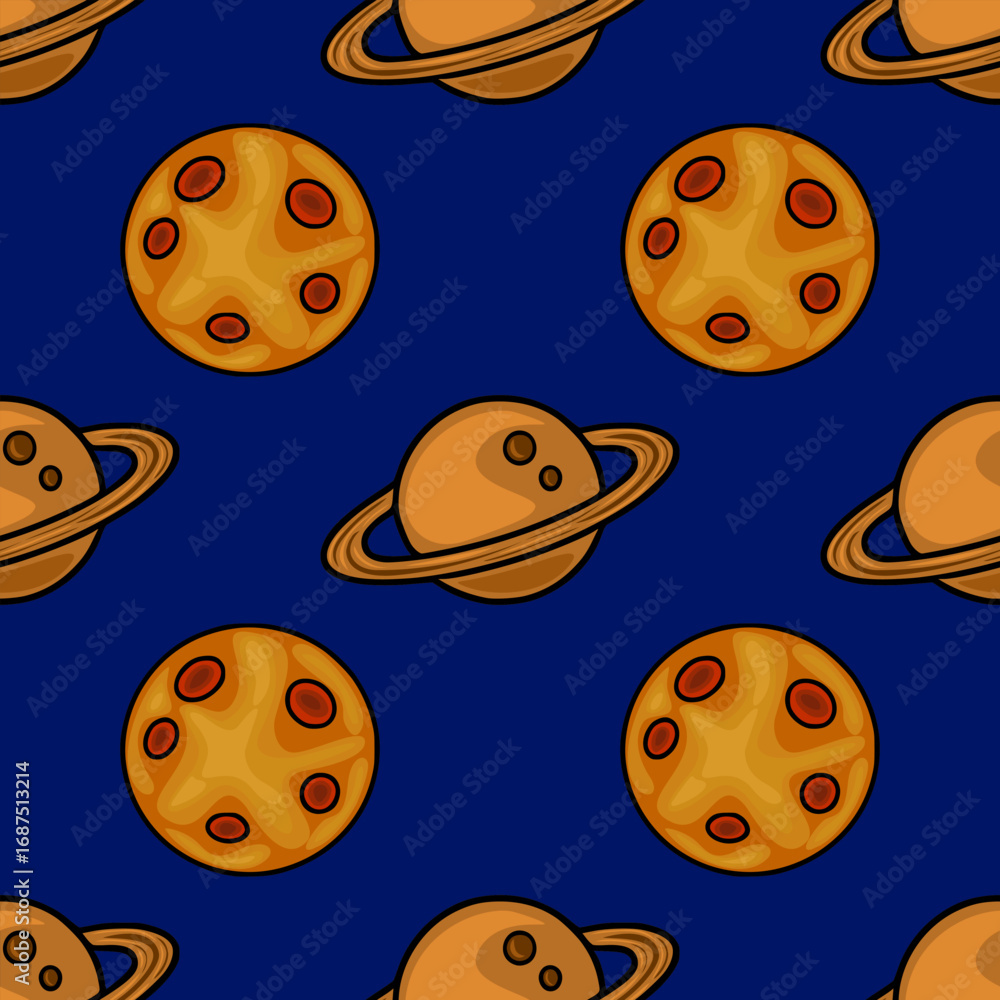 Aufkleber seamless vector pattern featuring stylized planets with rings and moons against a deep blue backdrop