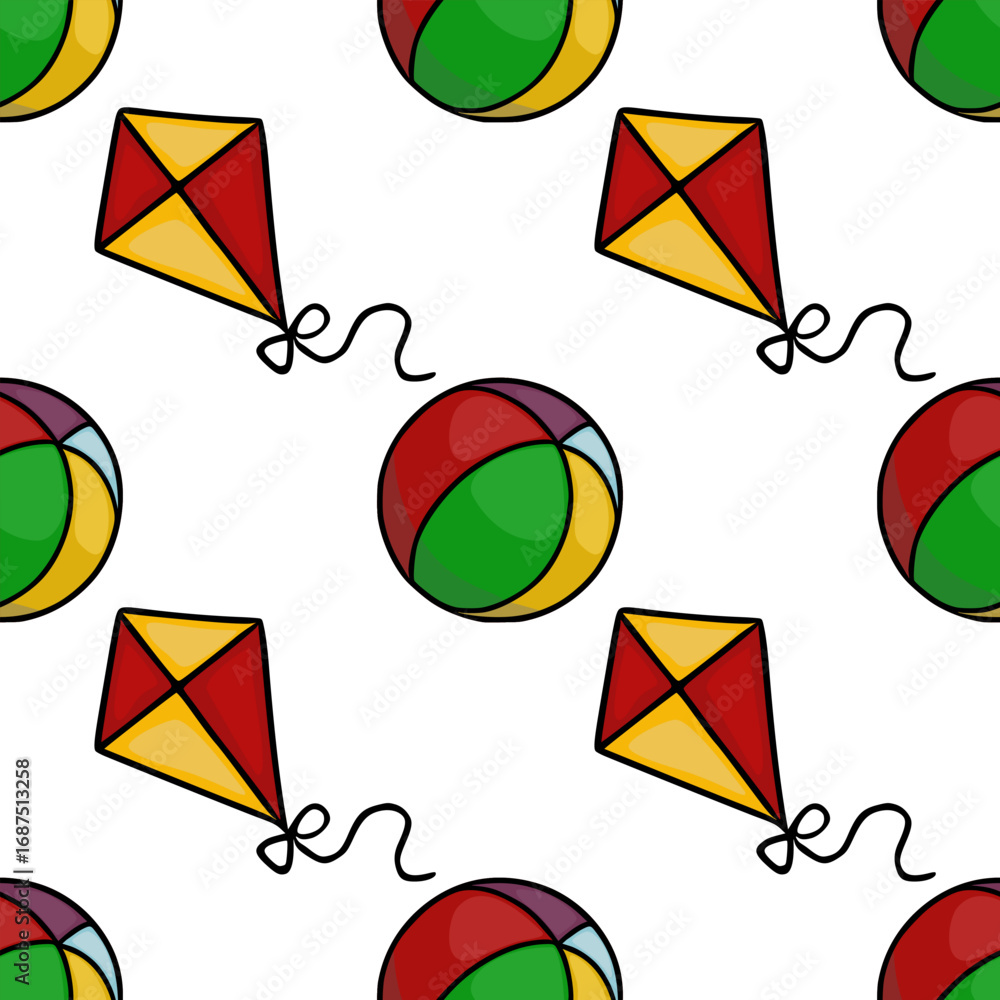 Poster seamless vector pattern featuring playful kites and multicolored balls, designed in a hand-drawn sty