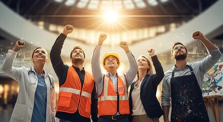 Obraz premium Diverse Professionals Celebrate Success with Uplifted Fists Under Bright Industrial Spotlight.