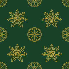 Elegant seamless vector pattern with golden outlines of lemon slices and star anise flowers on a dark green background, ideal for sophisticated designs.
