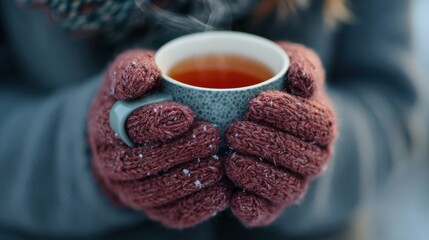 people season drinks and leisure concept  close up of woman with tea mug outdoors in winter no logos no brands ar 169