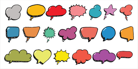 
Doodle conversation clouds. Dialogue chat bubbles with small talk phrases, think or talk clouds. Hand drawn speech bubbles vector symbols set. Short messages for communication or discussion