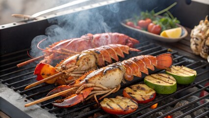 Grilled lobster and zucchini on a barbecue with smoke and a side dish of tomatoes and lemon
