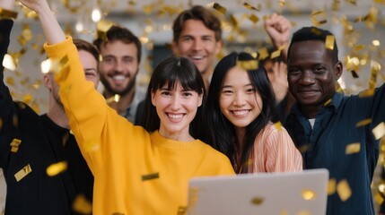 Cheerful diverse adults celebrate an online course completion with confetti, reflecting teamwork and educational achievement in a modern setting.