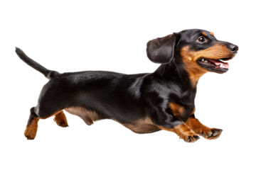 Joyful dachshund mid-jump capturing pure happiness and energetic movement in studio