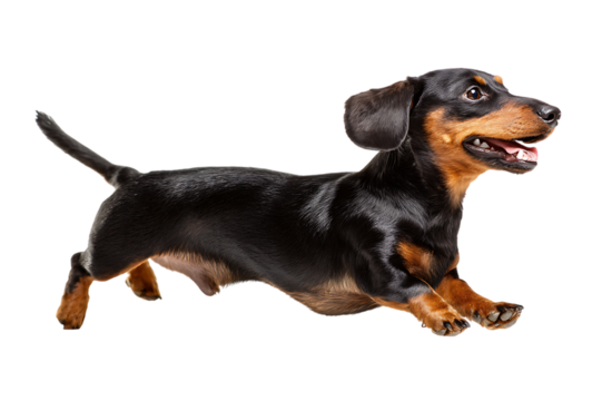 Joyful dachshund mid-jump capturing pure happiness and energetic movement in studio