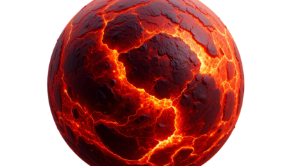 Molten Fiery Planet – Vibrant Spherical World with Lava-Like Texture in Reds and Oranges Isolated on Transparent Background