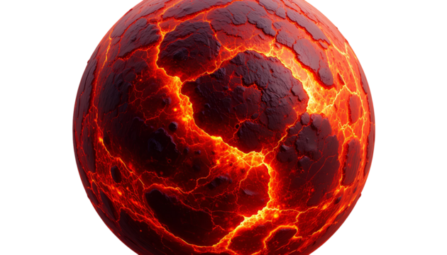 Molten Fiery Planet – Vibrant Spherical World with Lava-Like Texture in Reds and Oranges Isolated on Transparent Background