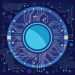 Abstract digital circuit board design featuring concentric circles and interconnected lines on a dark blue background
