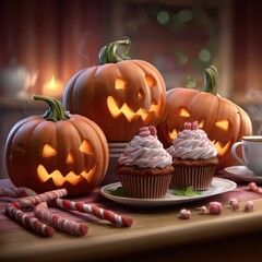 Halloween-themed scene featuring carved pumpkins and festive cupcakes.